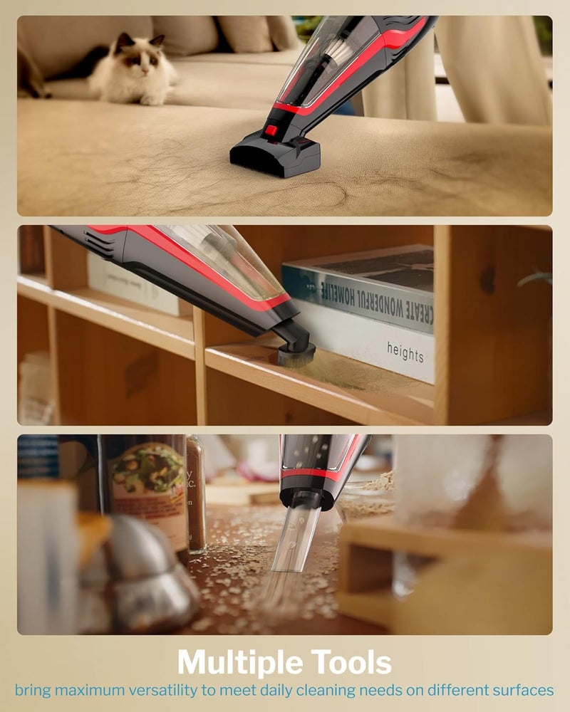 Powools Pet Hair Handheld Vacuum Cordless, Car Vacuum Rechargeable with Reusable Filters, Motorized Brush and Multi-Accessories for Carpet, Couch & Stairs, Red, 17.0"X 4.6"X 6.6" - Image 4